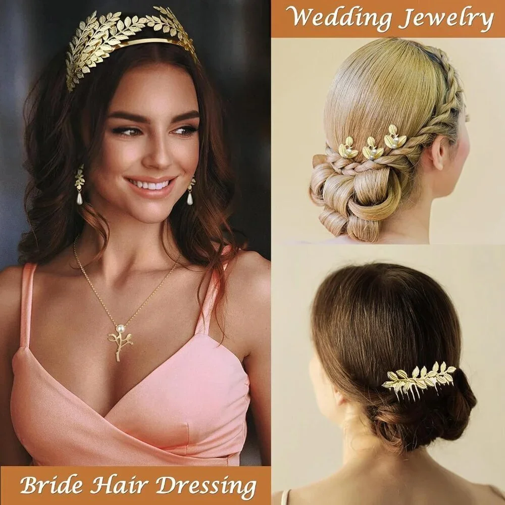 Greek Goddess Accessories Set Gold Laurel Leaf Headband Earrings Necklace